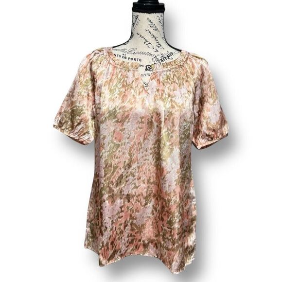 Talbots Petite PS Pink Satin Top NWT Abstract Ruffle Neck Short Sleeve Blouse - Picture 3 of 7
